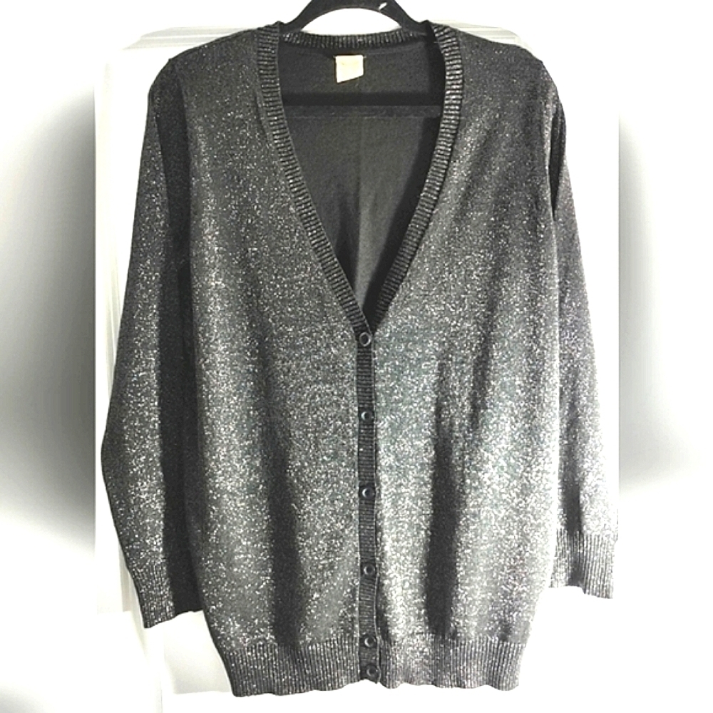FADED GLORY Black with silver sparkle Button Down Cotton Blend Cardigan Size XXL